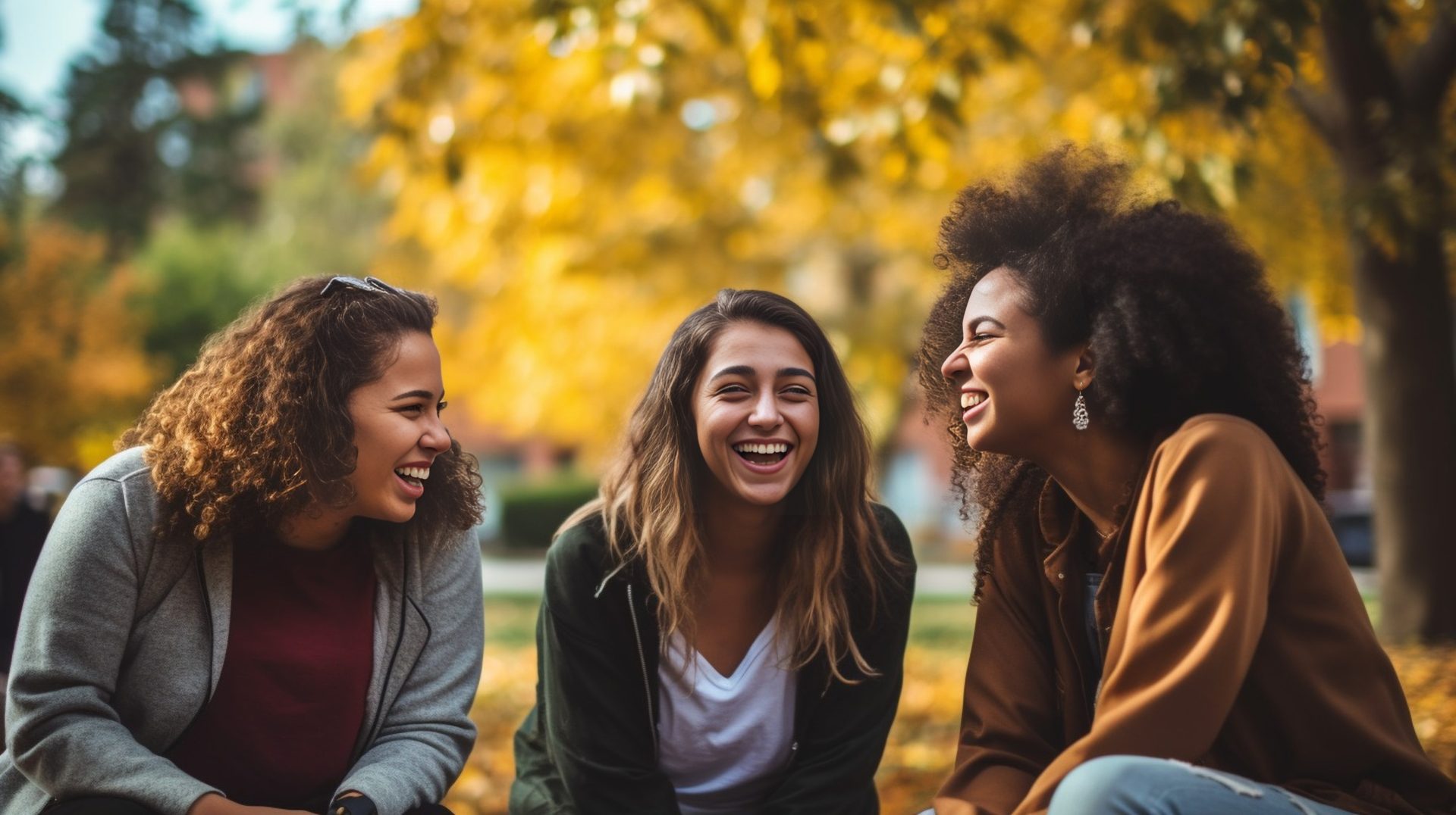 Three girls sat in park laughing