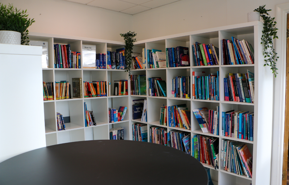 Shelves with library books on